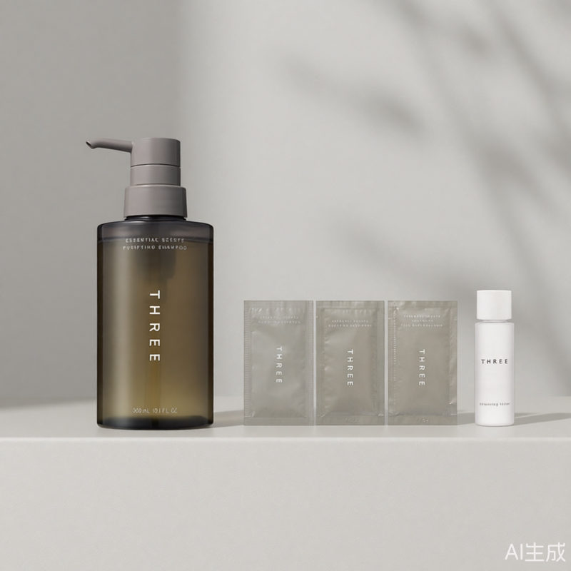 Шампунь THREE pure moisturizing shampoo, контролирует жирность, делает волосы пушистыми, борется с перхотью и зудом, придает эластичность, улучшает завивку, сушит и питает