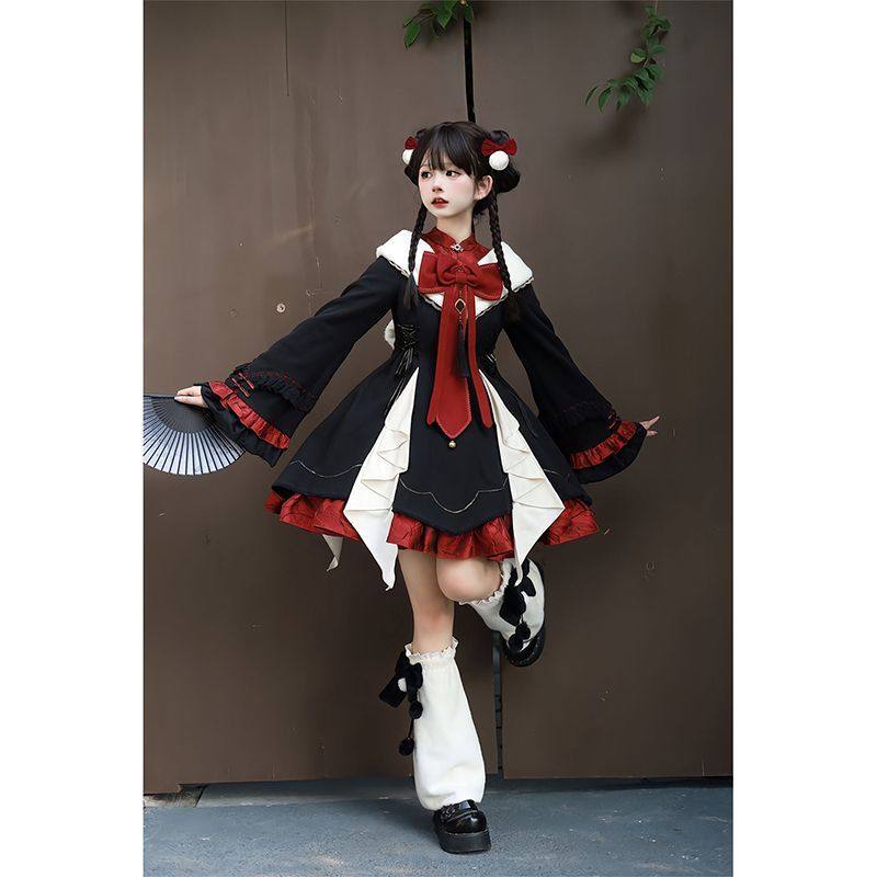 Mao Hua Black and Red Chinese Style Lolita Dress Autumn/Winter Hanfu Princess Dress Gothic Style Cosplay Costume