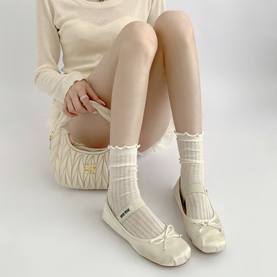 taobao agent 夜间教习室花边袜子女秋季中筒木耳边灰色长袜夏季薄款白色堆堆袜