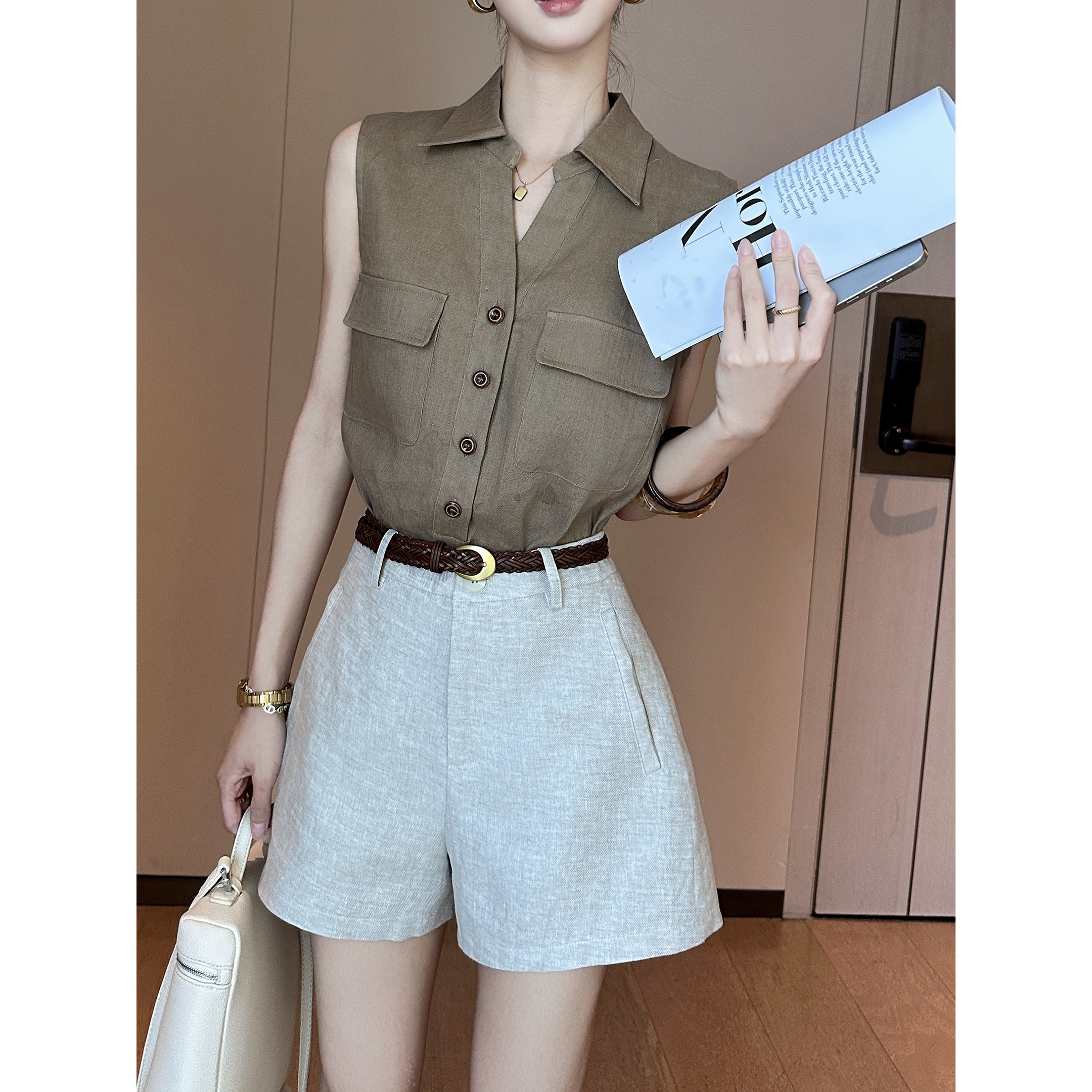 PINKEEN Brown French Sleeveless Polo Collar Shirt for Women, Summer 2026 New Casual Fashionable Elegant Top