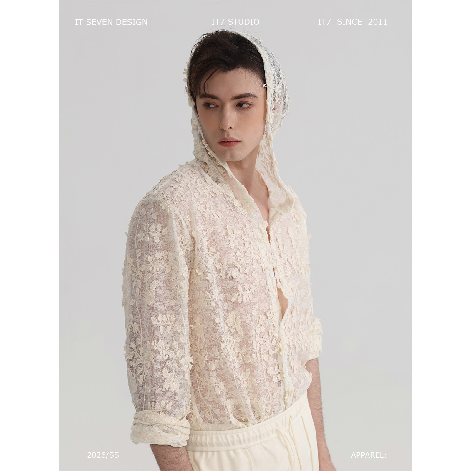 it7 "Morning Mist Lace" Inspirational Floral Hollow-Out Hooded Shirt, Thin Button-Down Cardigan Shirt