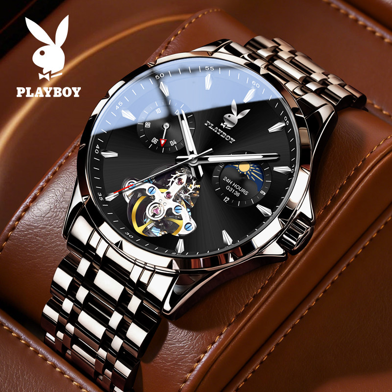 Новые черные часы Samurai Playboy watch, мужские механические часы trend, полые многофункциональные светящиеся часы известного бренда