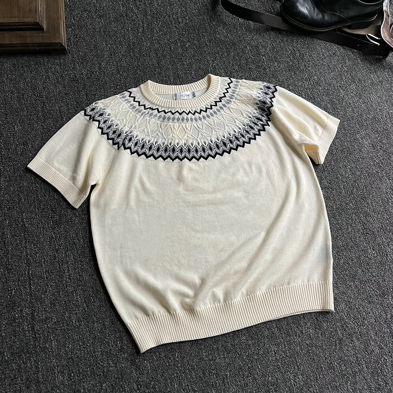 Stay the Night Fair Isle Трикотажное изделие из смеси шерсти и ледяного шелка с круглым вырезом Удобный дышащий силуэт Реглан Короткий рукав