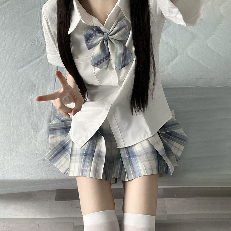Genuine Yunwuhai JK Uniform Grid Skirt Original Summer Japanese Short High Waist Half-Body Pleated Skirt Complete Set