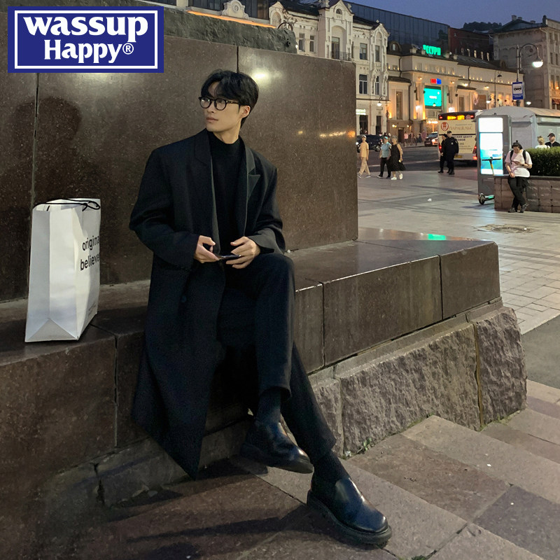 wassup happy, черная ветровка, мужская новинка 2024 года, весенне-осеннее повседневное корейское пальто средней длины, куртка