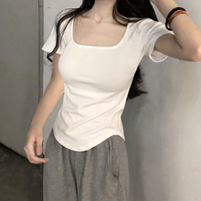 T-shirt Women's Five Year Old Shop Ten Colors T-shirt Women's White Square Neck Women's Short Sleeves Spring/Summer 2023 New Design Sense Tight Cotton Low Neck Bottom Top