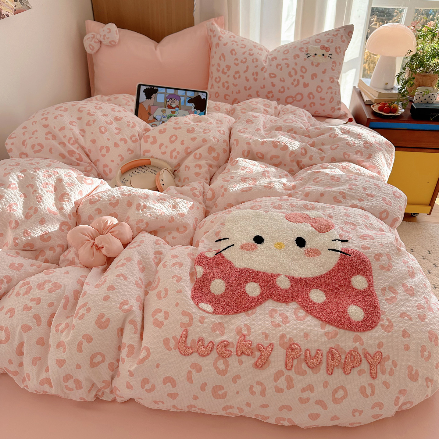 Хлопковый комплект из четырех частей Girly heart cat из чистого хлопка, двухслойная хлопчатобумажная пряжа на кровати...