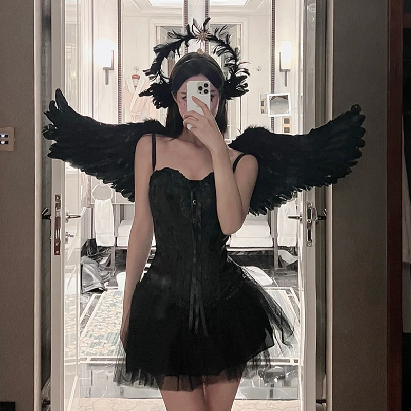 Angel wings back accessory prop, white and black feather elf Halloween adult girl cosplay costume outfit