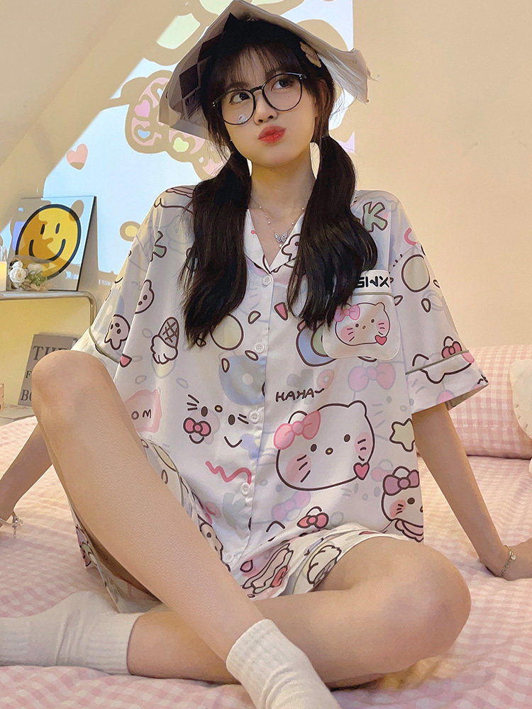 Корейская пижама GIOIO, женская летняя шелковая пижама hellokitty, милый костюм для дома из ледяного шелка, летние вставки