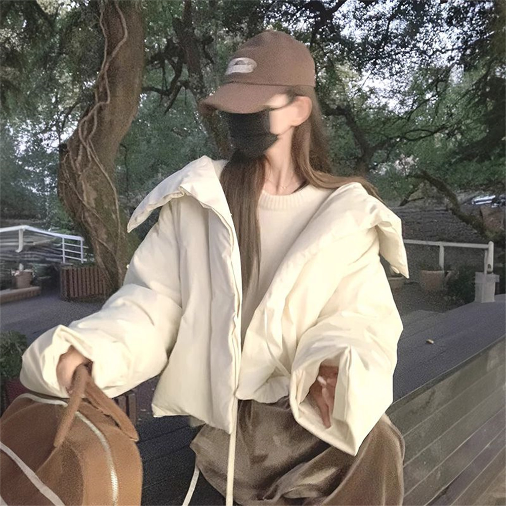 Корейская мода, белое короткое хлопковое пальто, женское зимнее пальто с большими лацканами, утолщенное теплое хлопковое пальто