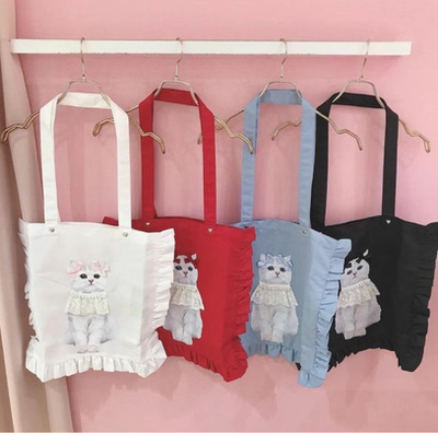 taobao agent 珠珠家日系甜美可爱猫咪印花蕾丝花边蝴蝶结珍珠大容量单肩女士包