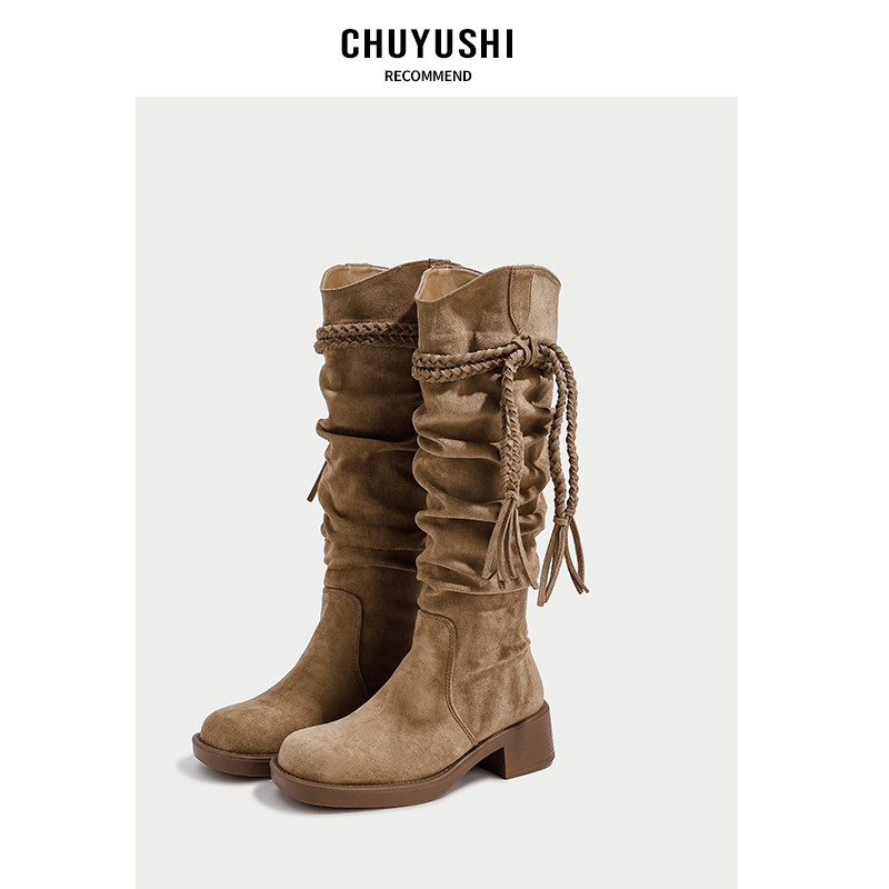 CHUYUSHI wasteland style ~ высокие сапоги; женские универсальные рыцарские сапоги на тонком каблуке в стиле ретро; замшевые сапоги с ворсом; высокие сапоги