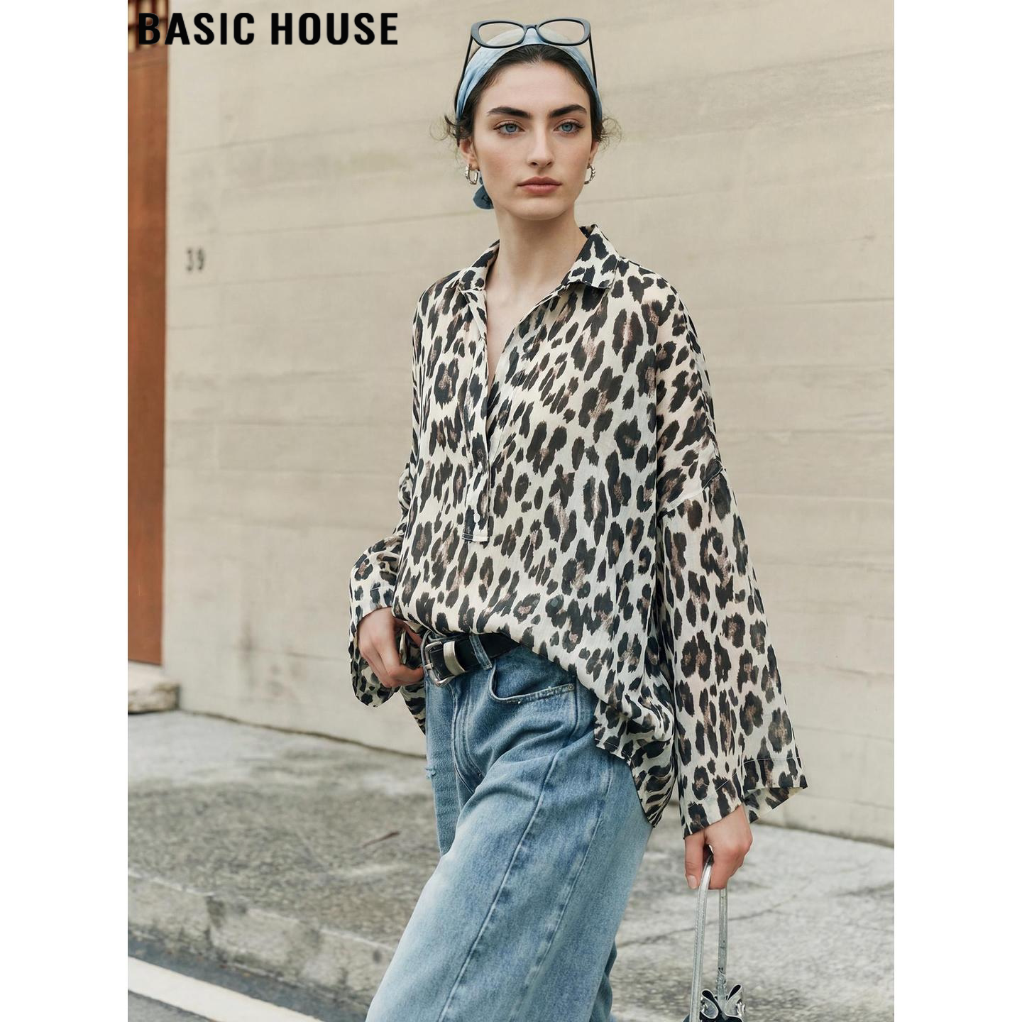 Basic House 100% Linen Leopard Print Shirt for Women, Summer Thin American Retro Loose Fit Top