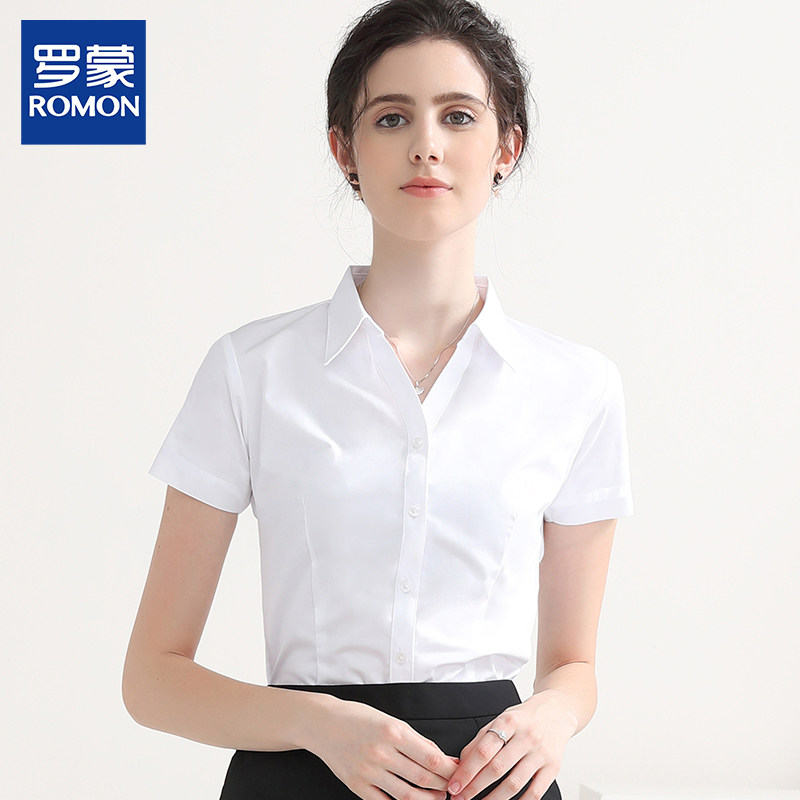 Мисс Ромон, белая рубашка с короткими рукавами, летняя модальная профессиональная официальная одежда, комбинезон с V-образным вырезом, синяя рубашка без застежки