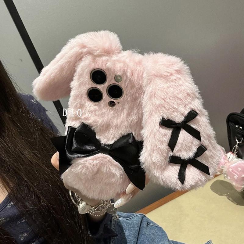 Compatible with Apple, Huawei, Vivo, Honor, Oppo, and Xiaomi plush rabbit ears phone case, 17-inch and 16-inch models, popular iPhone 15/14 full coverage, 12/11 autumn/winter XR/7P soft case.