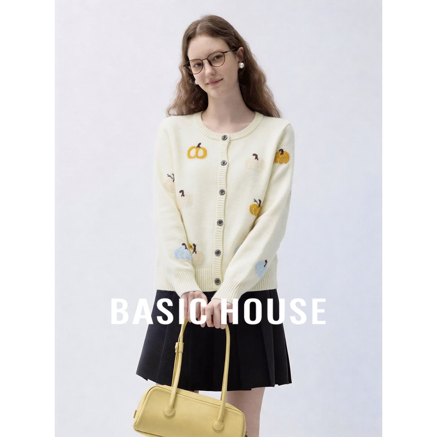 Basic House/Cute and Youthful Pumpkin Print Round Neck Long Sleeve Knit Cardigan for Women, Versatile for Outerwear