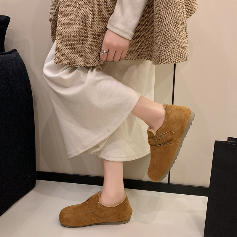Женская осенняя обувь birkenstock на толстой подошве в стиле ретро и бархате; новинка 2026 года; хлопковая обувь на один шаг; повседневная обувь в стиле "ленивый горох"