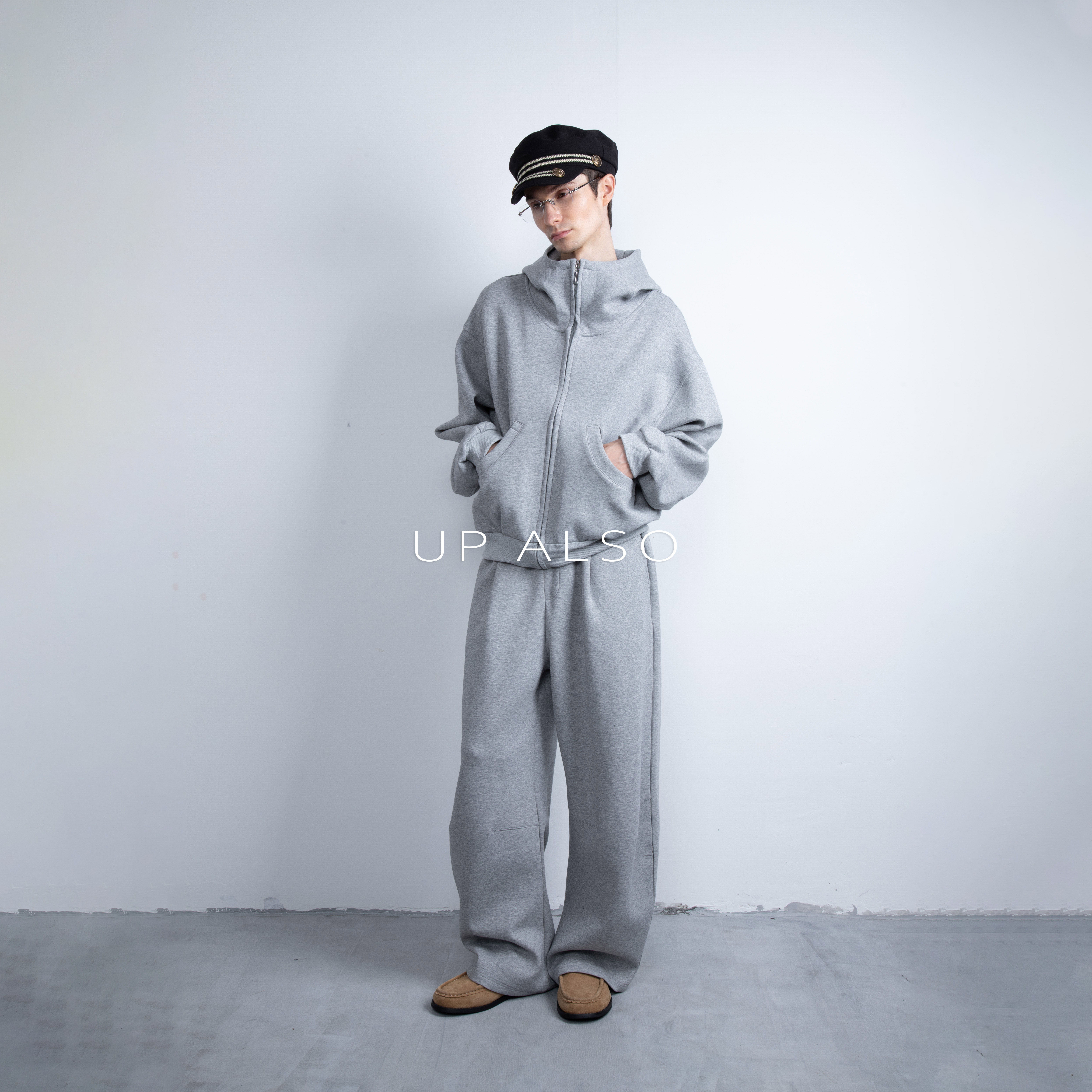 UPALSO法式新贵灰色百搭宽松Oversize连帽卫衣套装硬挺廓形短外套