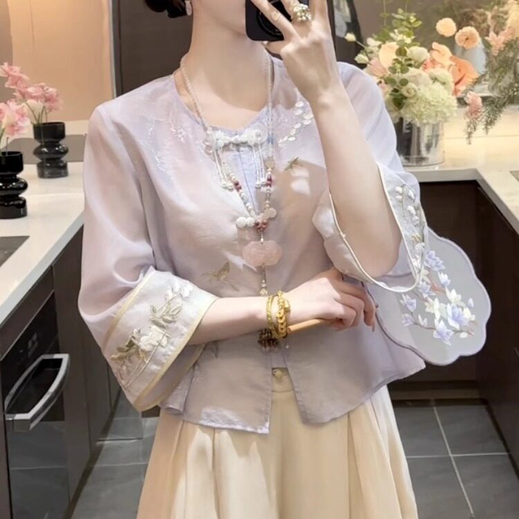 Ретро-костюм Han element Tang, верхняя свободная рубашка, женская летняя блузка с вышивкой, новая рубашка с планкой на пуговицах в китайском стиле