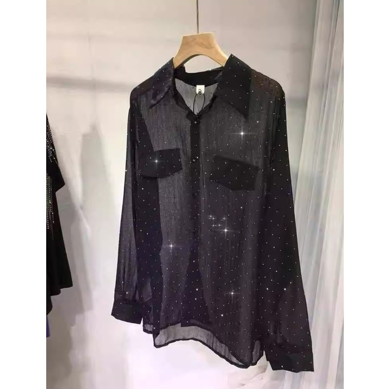 European-style heavy-duty rhinestone blouse for women, lightweight sheer long-sleeved top, slimming button-down shirt, youthful look, sun protection shirt.