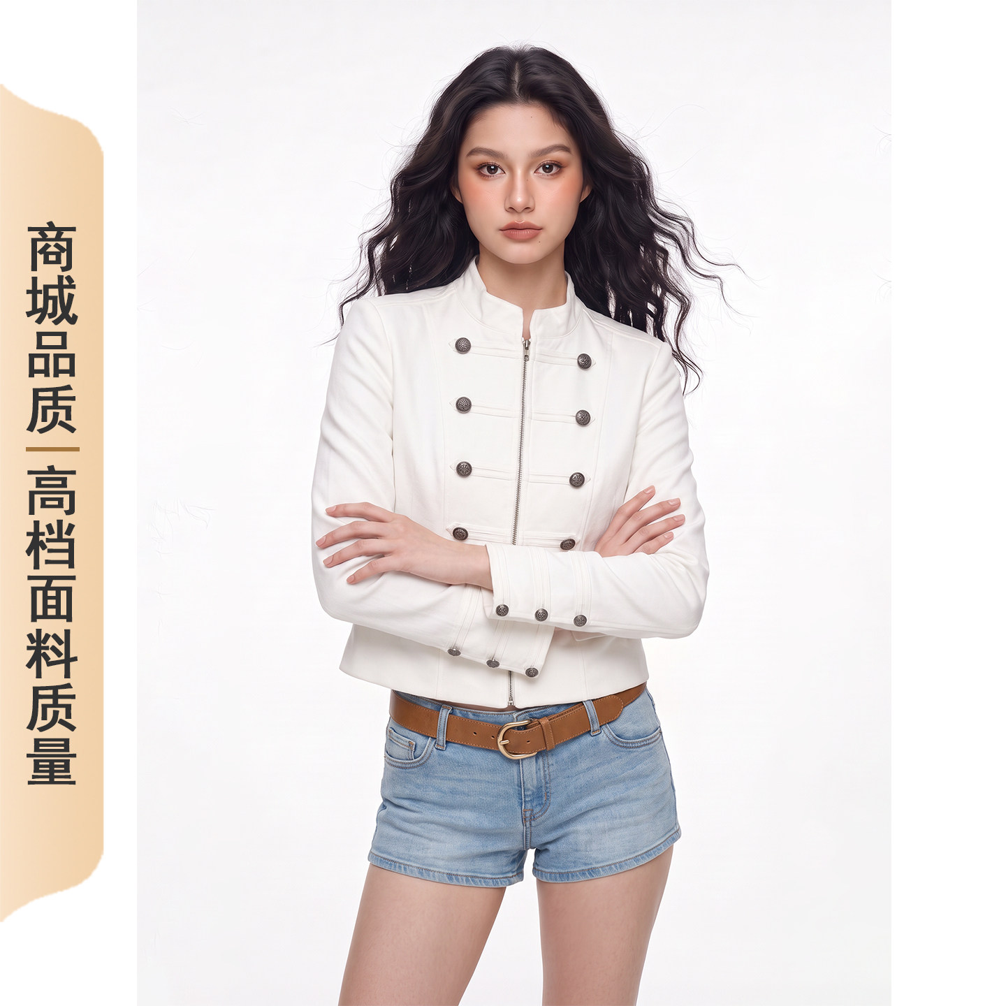 Retro Napoleon style metal double-breasted jacket, new autumn women's clothing, fashionable, casual, versatile short coat.