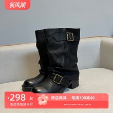 2024 New Maillard Mid length Boots Women's Genuine Leather European and Western Short Boots Folded Stacked Boots Martin Boots Motorcycle Boots