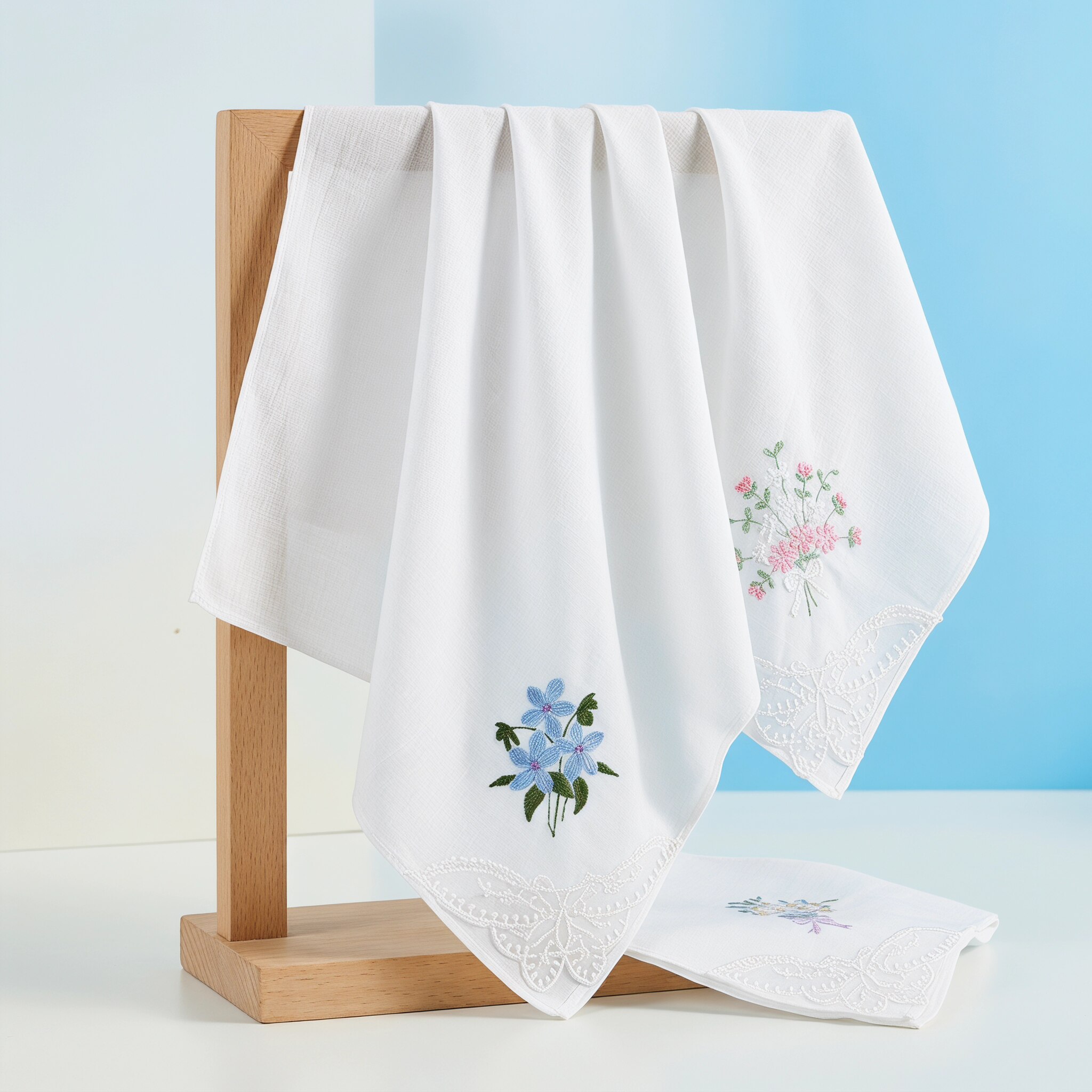 9-pack of 100% cotton white handkerchiefs with single-corner embroidered flowers...