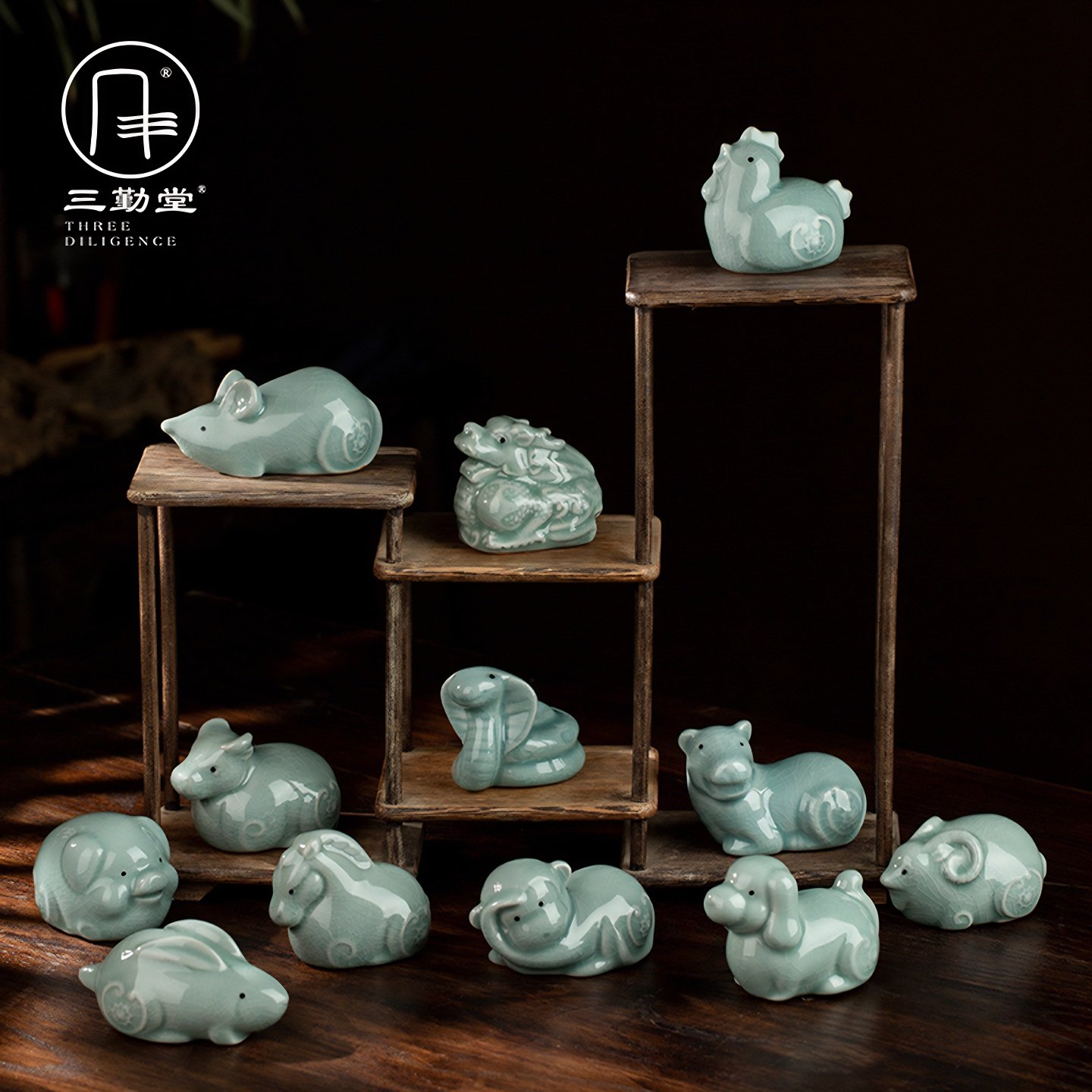 Sanqintang Ru Kiln Ceramic Tea Pet Pig Cow Sheep Horse Chicken Monkey Rabbit Dog Snake Dragon Tiger Rat Twelve Zodiac Ornaments Exquisite