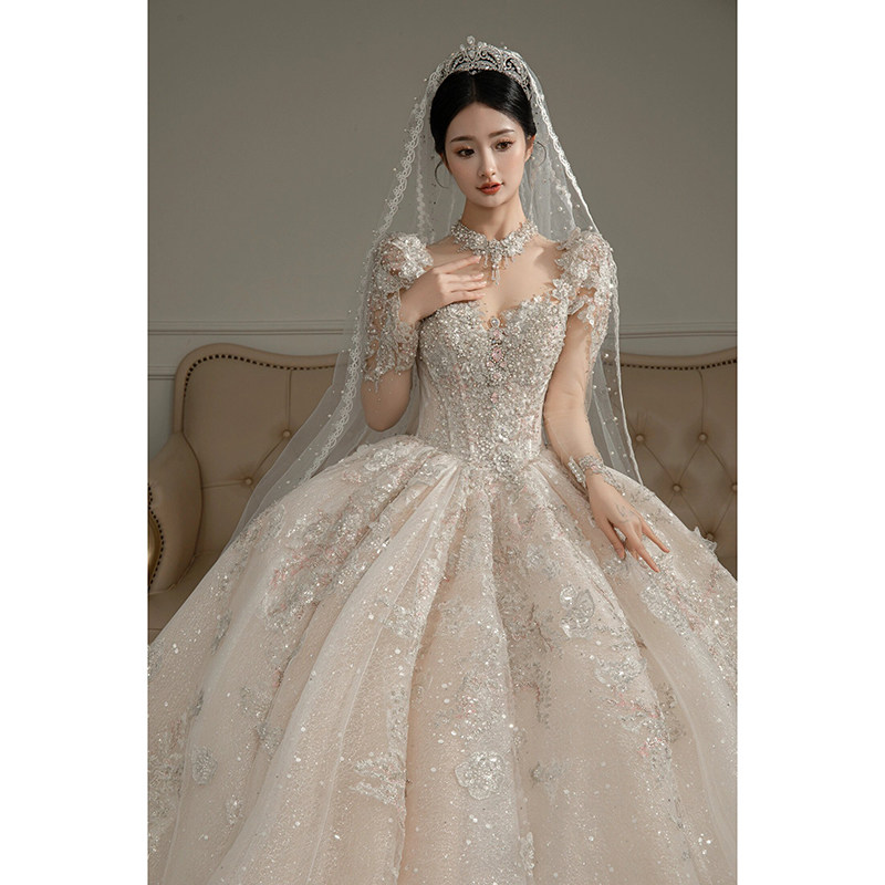 Свадебная одежда с длинными рукавами bride 2026 новая французская мелкая тяжелая промышленность основная пряжа высококачественная текстура большой размер ретро длинный хвост