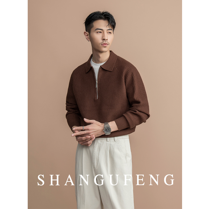 Шерстяной свитер поло SHANGUFENG в стиле ретро old money, мужской модный вязаный свитер с длинными рукавами на цепочке