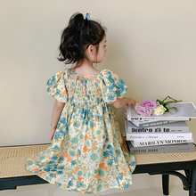 Girls' Summer Dress 2024 New Children's Fashionable Cotton Skirt Summer Dress Girls' Fragmented Flower Bubble Sleeves Princess Dress