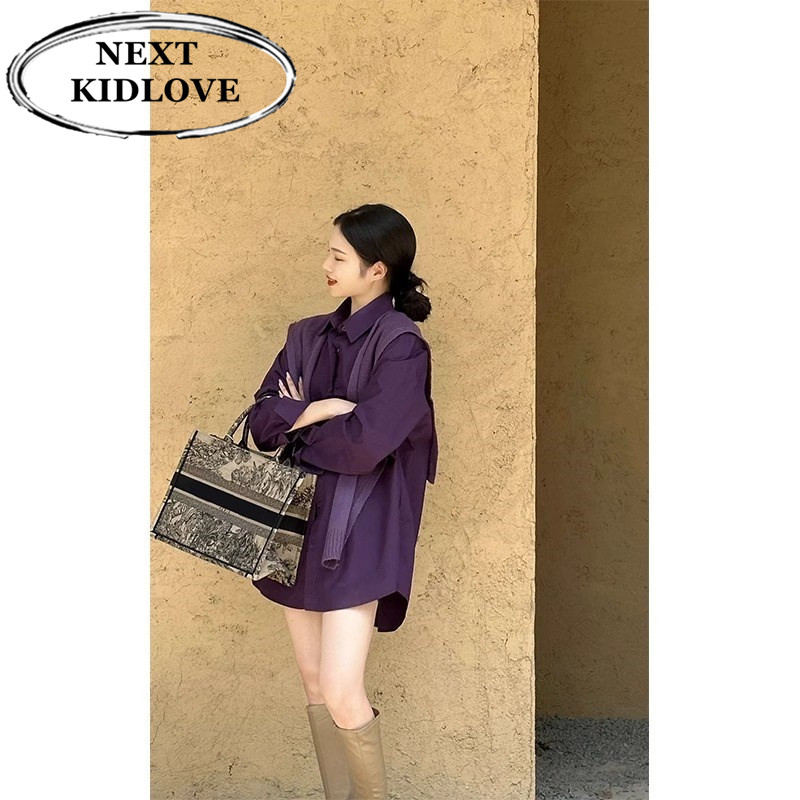 Japanese retro-style Korean-inspired high-end purple shirt for women, perfect for spring wear, relaxed style, loose long-sleeved blouse.