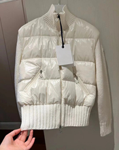 Milk white gentle age reducing standing collar white goose down bread jacket for women's 2023 autumn/winter new knitted splicing down jacket