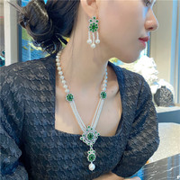 Natural freshwater pearl necklace and earrings set green zircon accessories inlaid high-end elegant and fashionable free shipping