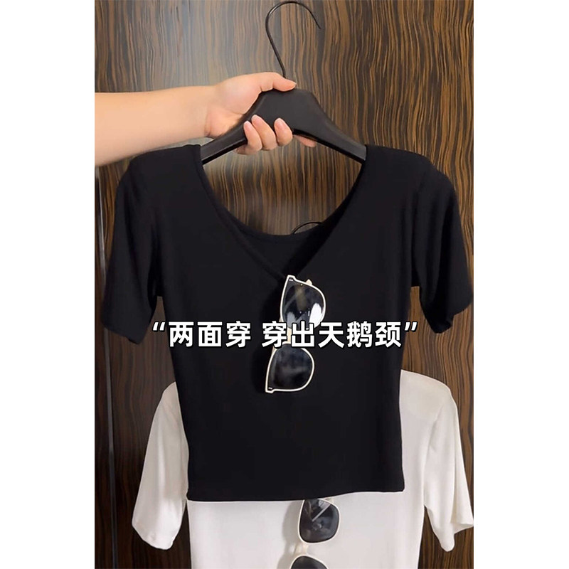 Black V-neck front shoulder short-sleeved T-shirt for women in summer solid color slim and slim short big neckline top