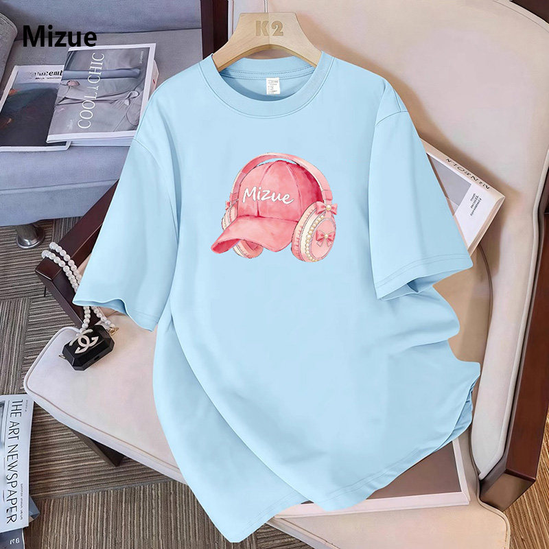 Оригинальная акварельная футболка Mizue cherry blossom pink headphone hat, женская летняя футболка из чистого хлопка, свободная и тонкая серия ins sweet cool healing