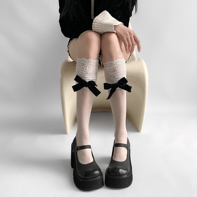 taobao agent 夜间教习室小腿袜女春秋薄款拼接蕾丝花边长筒袜子蝴蝶结白色丝袜