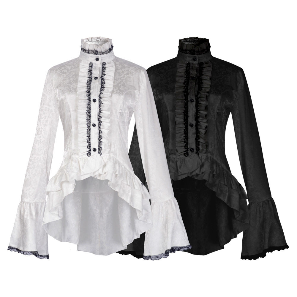 Medieval-style stand-up collar bell sleeve lace shirt, Victorian shirt, Gothic steampunk top