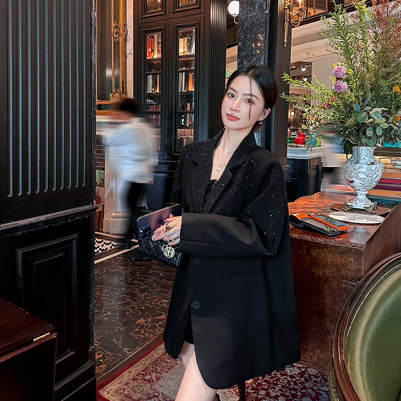 Binguo binguo black niche design sense горячий бриллиантовый костюм, куртка, женский осенний новый высококачественный легкий роскошный костюм