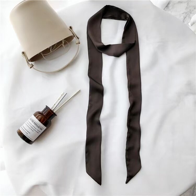 100% Mulberry Silk Minimalist Style Coffee-Colored Silk Scarf, Thin and Long Ribbon, Y2K Necklace for Women
