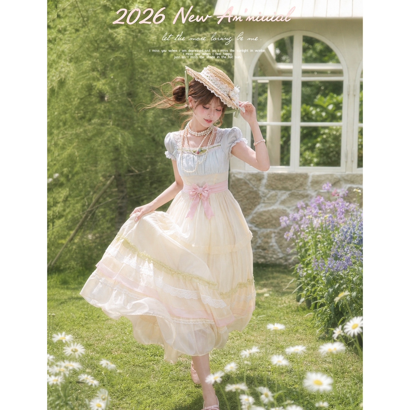 Forest Womens Tribe Color blocked Cake Dress Female Collar Bubble Sleeves Lace Bow Sweet Girl Waist Resort Long Dress