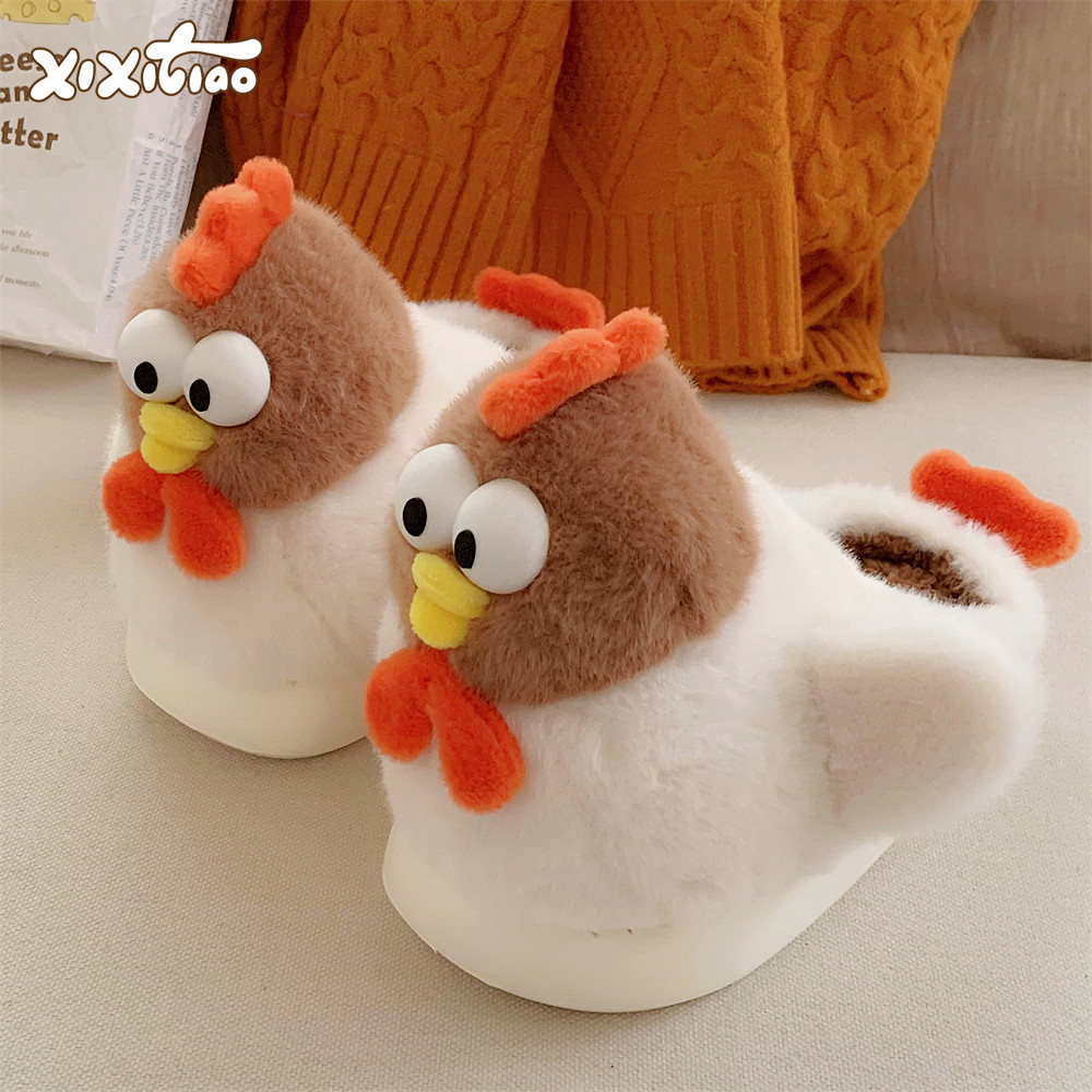 Thin striped, fun, fluffy slippers for students, bedrooms, and home use; winter style; 3D chick design; 2025 new cotton slippers.