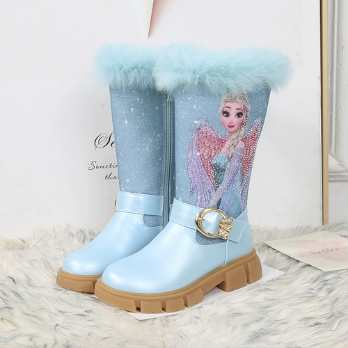Ботинки для принцессы, зимние мягкие флисовые высокие сапоги для девочек, мягкая подошва, в западном стиле