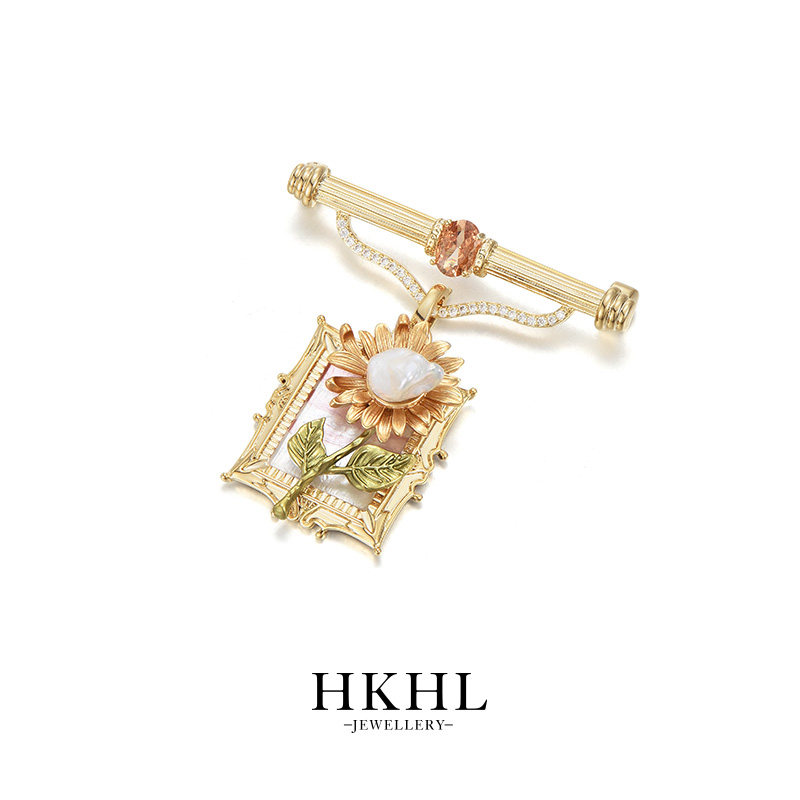 [With Certificate] HKHL Freshwater Pearl Oil Painting Sunflower Brooch for Women - High-End Luxury Corsage Gift for Coats