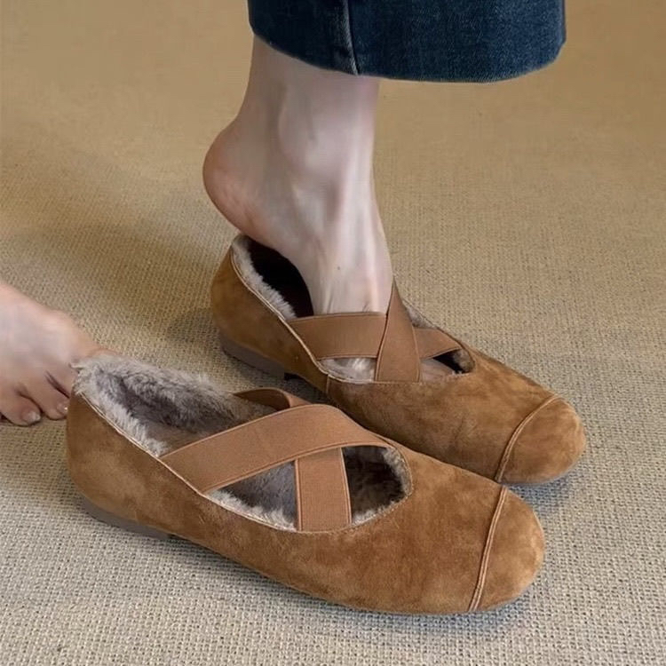 Версия из овчины ~ ретро плюс бархатные туфли с перекрещивающимися ремешками на одной педали; женские универсальные тонкие туфли на плоской подошве из матовой кожи в стиле ретро.