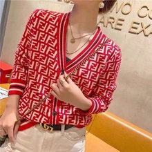 Sweater Women's Four Year Old Shop Top Sweater Women's Red Fragrant V-neck Knitted Cardigan Women's Autumn Shenzhen European Popular Small Shirt Loose Long sleeved Coat