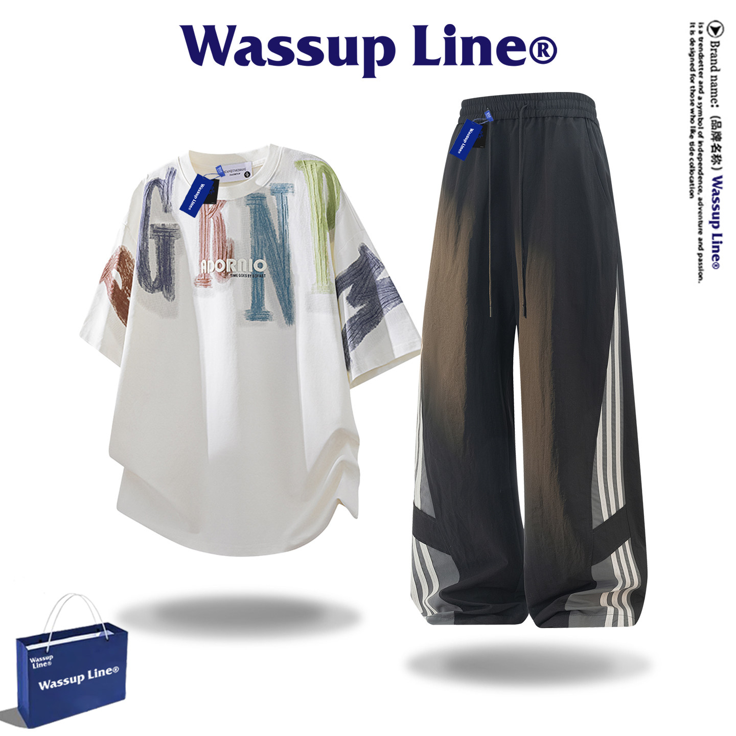 Модный бренд WASSUP Line, спортивный костюм, мужская летняя повседневная футболка с короткими рукавами, универсальные брюки, костюм-двойка