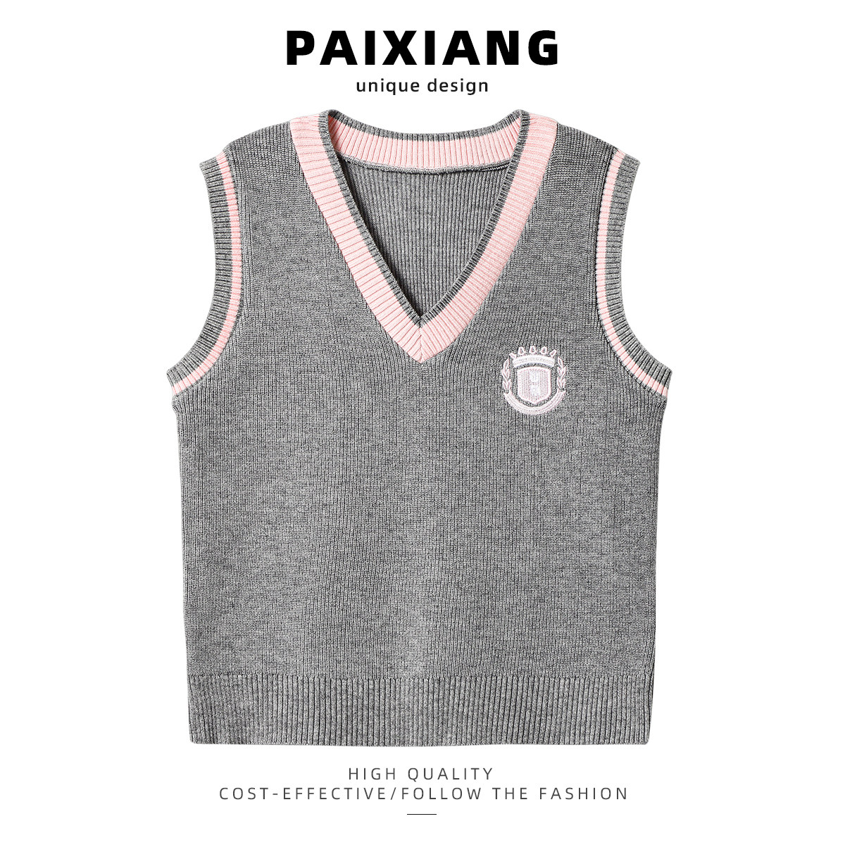 PAIXIANG Color Block Preppy Style V-Neck Knitted Vest for Women, Sleeveless, Layered, and Outerwear, Short Top for Early Autumn