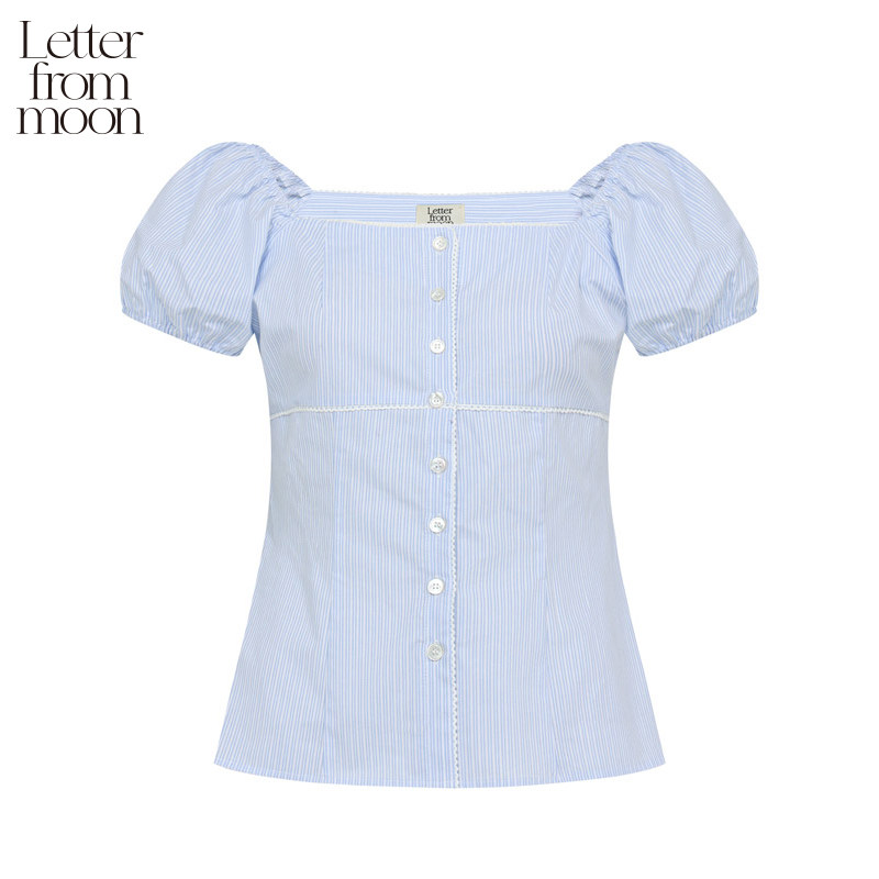 Letter from moon square neck puff sleeve shirt, 2025 summer new retro pastoral style top for women.
