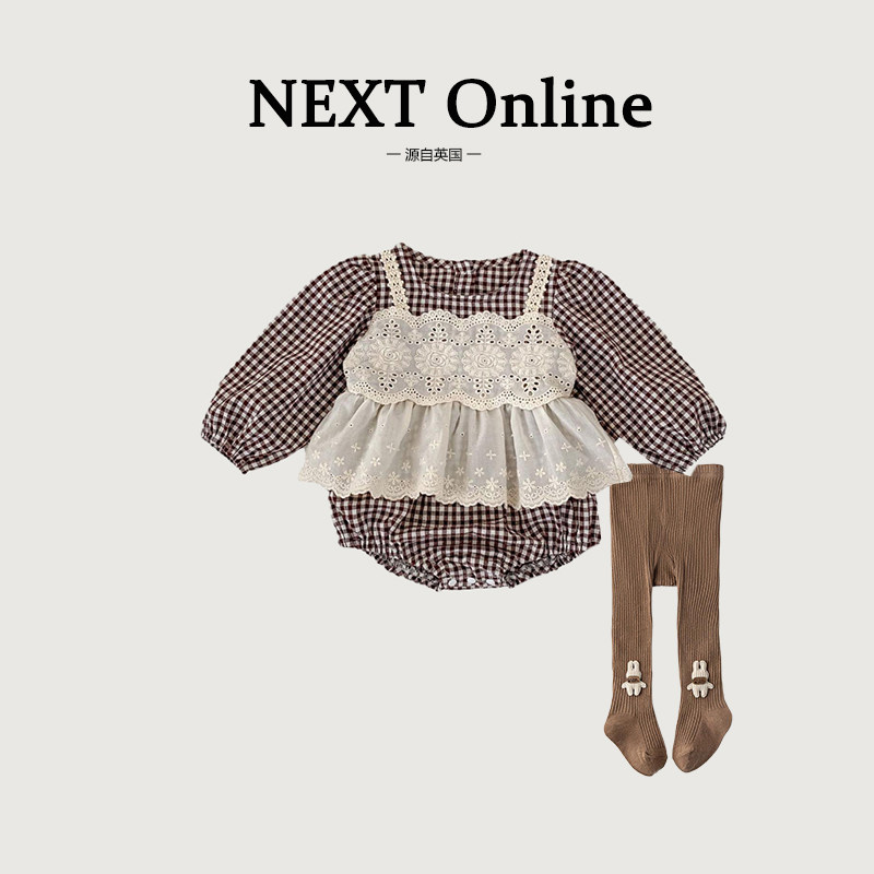 Британская осенняя одежда NEXT baby в корейском стиле из чистого хлопка, цельный кружевной комбинезон принцессы для маленьких девочек